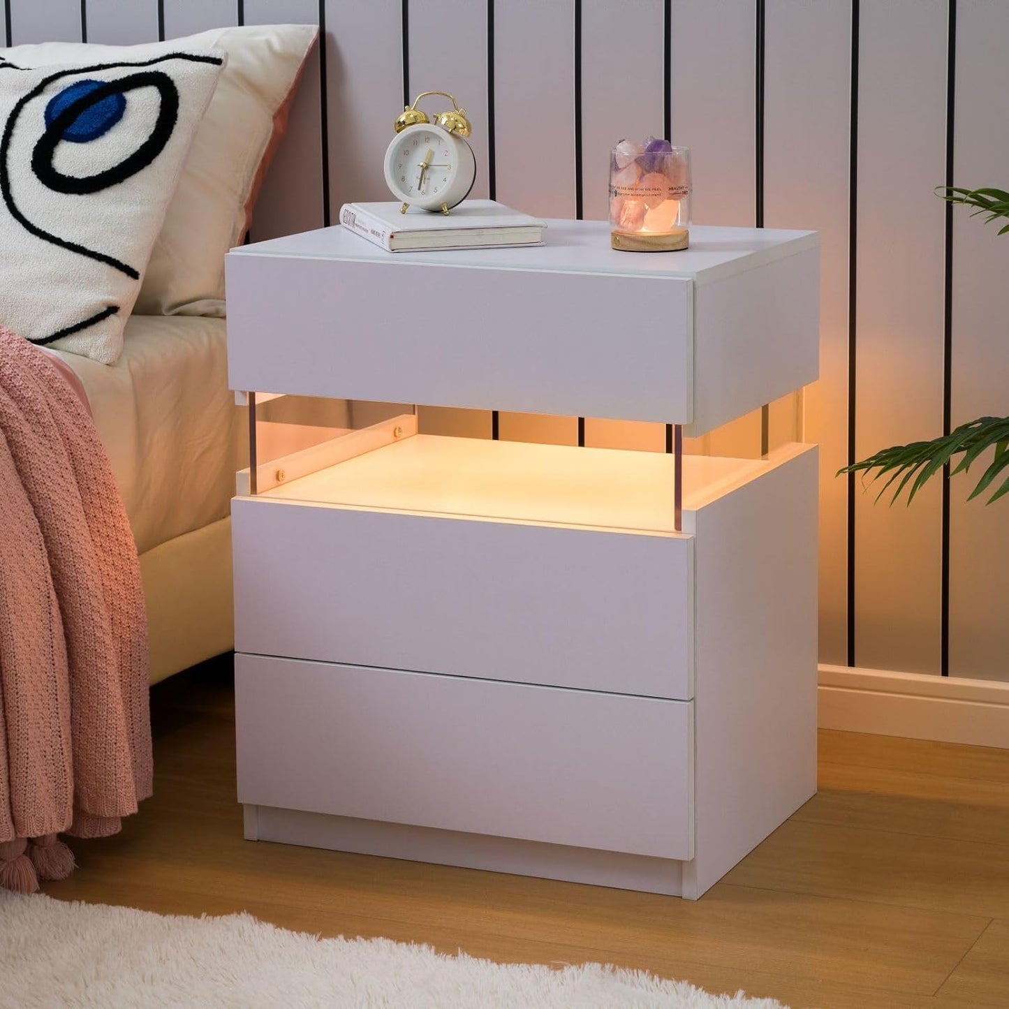 White LED Nightstand Set of 2,Night Stand Set 2,Modern Night Stand with 3 Drawers,Night Stands for Bedroom Set of 2,Bedside Table with Silent Slide Drawer