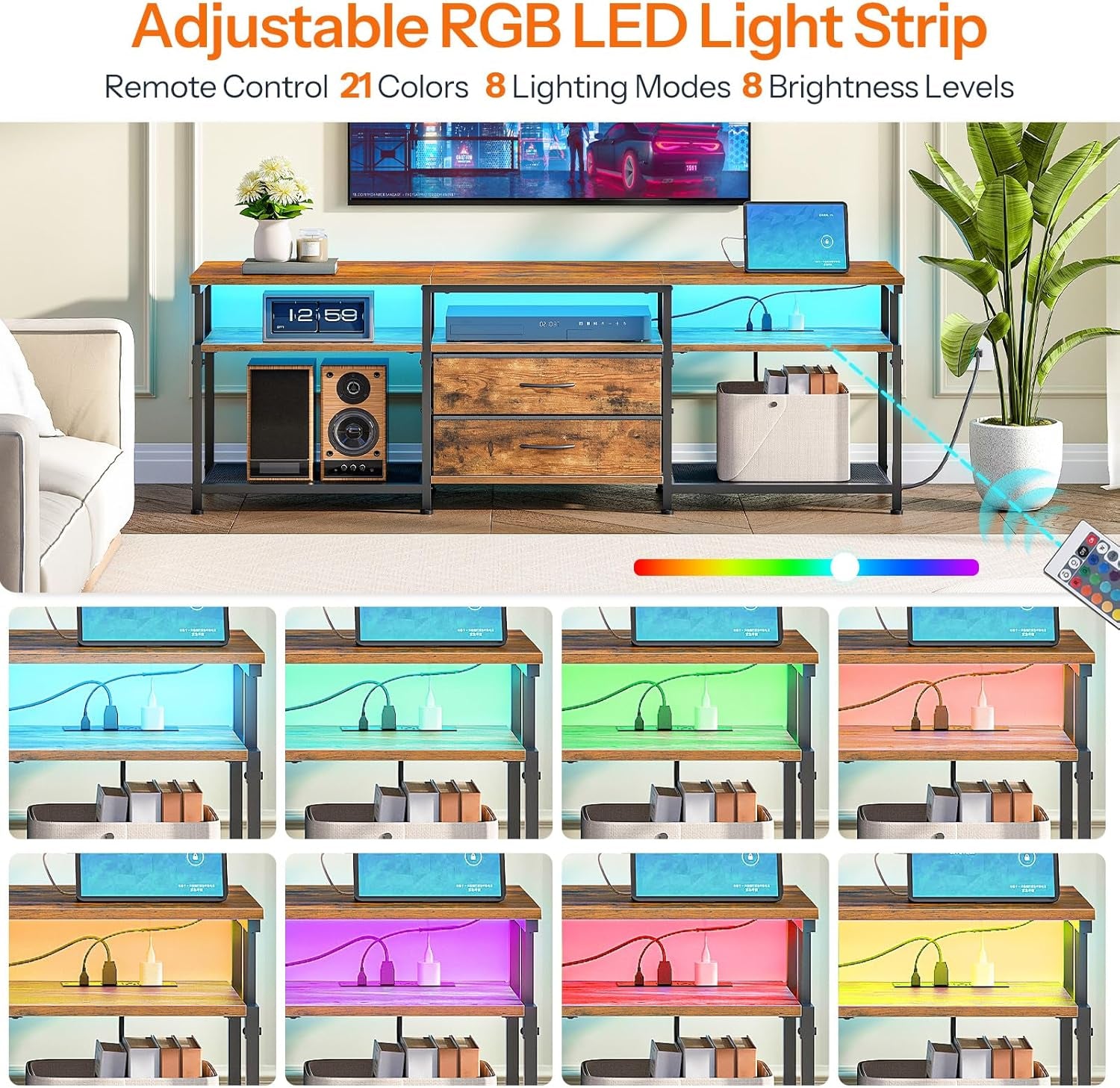 TV Stand with Power Outlet and LED Light, Entertainment Center for Tvs up to 75 Inch, Modern Media Console Table with 2 Non-Woven Drawers, for Living Room, Bedroom, Rustic Brown BF55UDDS01