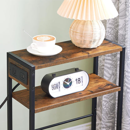 Small Narrow Side Table with Charging Station, Skinny End Table for Small Spaces, Slim Nightstand with USB Ports Outlet, Sofa beside Table with Storage Shelf, Rustic Brown and Black BF102UBZ01