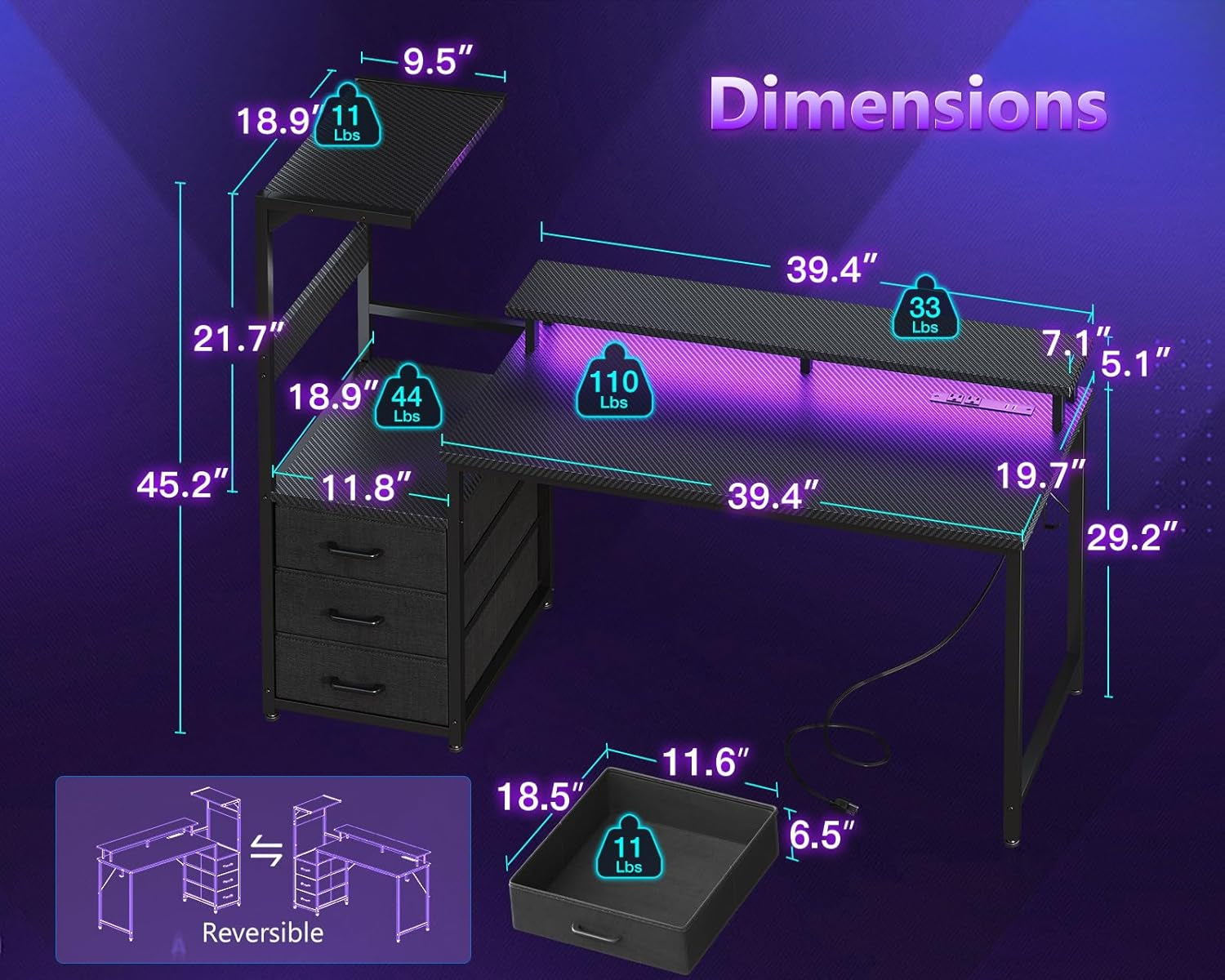 52 Inch Gaming Desk with USB Charging Ports & LED Light - Reversible Computer Desk with 3 Fabric Drawers, Monitor Stand, CPU Stand, and Side Hook, Modern Office Desk, Black