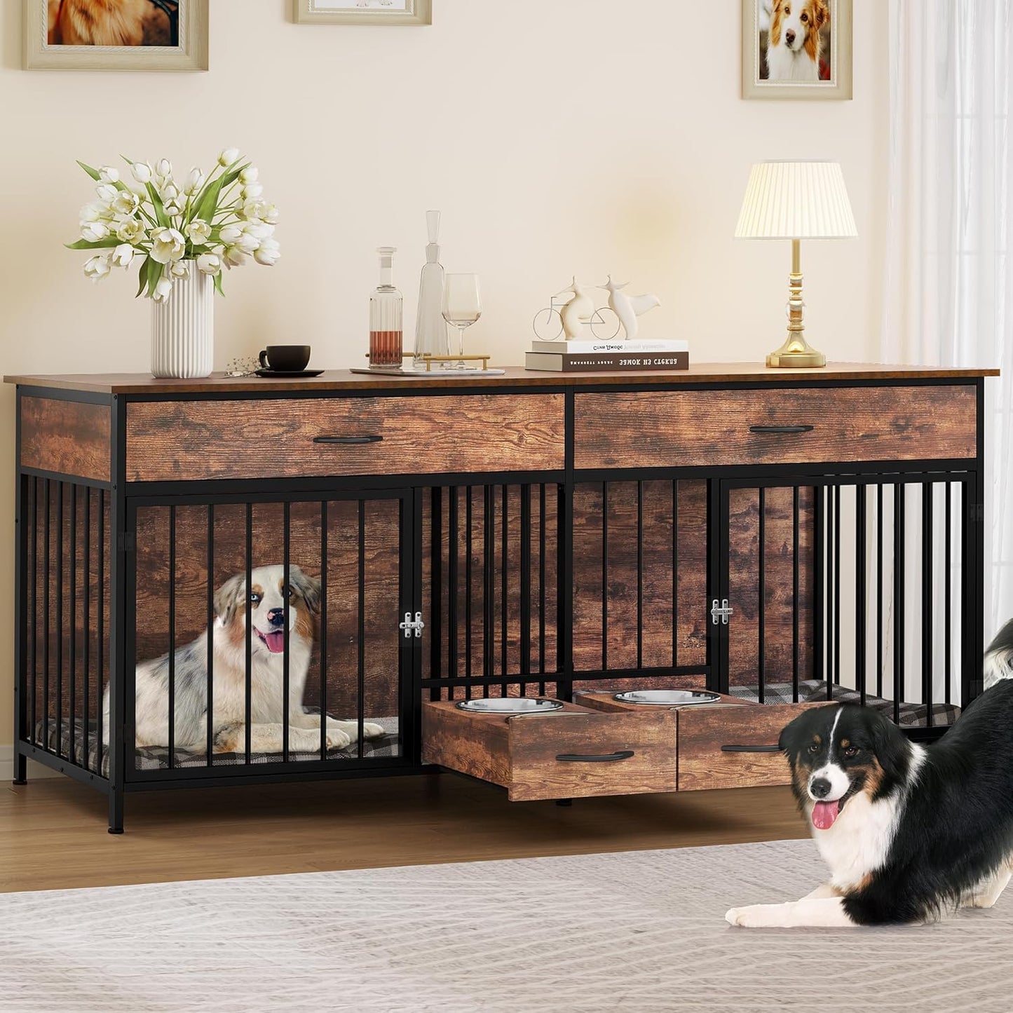 Double Dog Crate TV Stand with Dog Feeder, 74.8" Wooden Large Dog Kennel with Storage, Double Dog Crate Furniture for 2 Small Medium Dogs, Brown