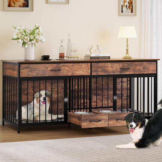 Double Dog Crate TV Stand with Dog Feeder, 74.8" Wooden Large Dog Kennel with Storage, Double Dog Crate Furniture for 2 Small Medium Dogs, Brown
