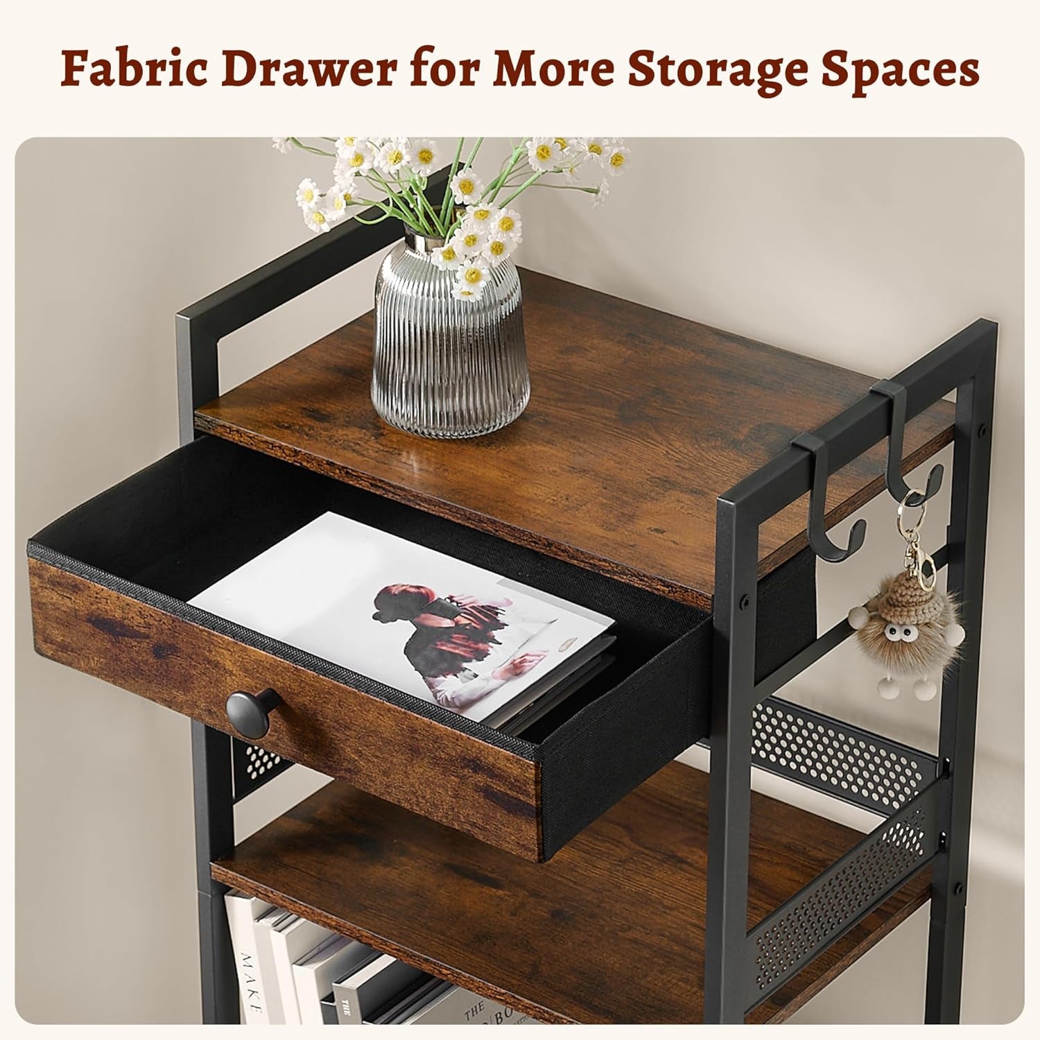 4 Tier Ladder Shelf Stand, Bookshelf with Drawer Storage, Decorative Display Shelves Wood & Metal, Plant Shelf, Standing Shelf Unit for Living Room Bedroom Office Kitchen, Rustic Brown