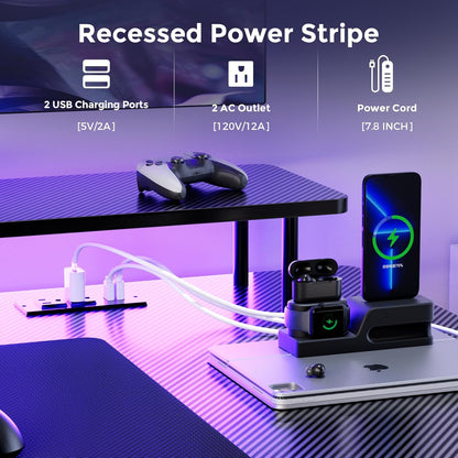 55 Inch Gaming Desk with LED Lights & Power Outlet, Computer Gamer Desk with Monitor Stand, Ergonomic Carbon Fiber Gaming Table Home Office Desk with Headphone Hook & Mouse Pad