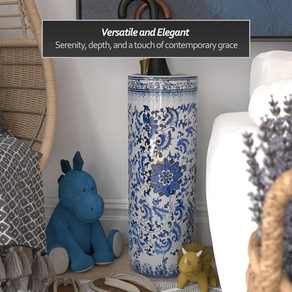 24" Floral Blue & White Porcelain Umbrella Stand