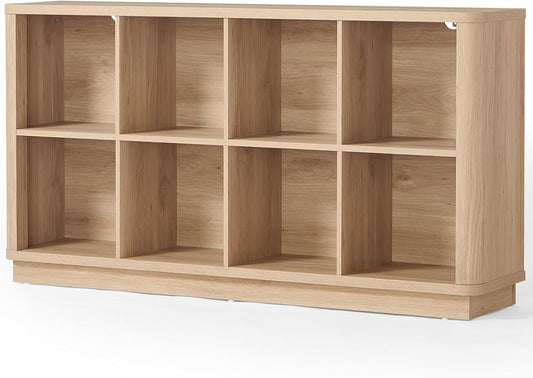 8 Cube Storage Book Shelf, 52" Long Horizontal Bookshelf with Curved Edge, Floor Standing Wooden Cubby Bookcase with Base, Modern Low Console Book Case, TV Stand for Living Room, Natural Oak