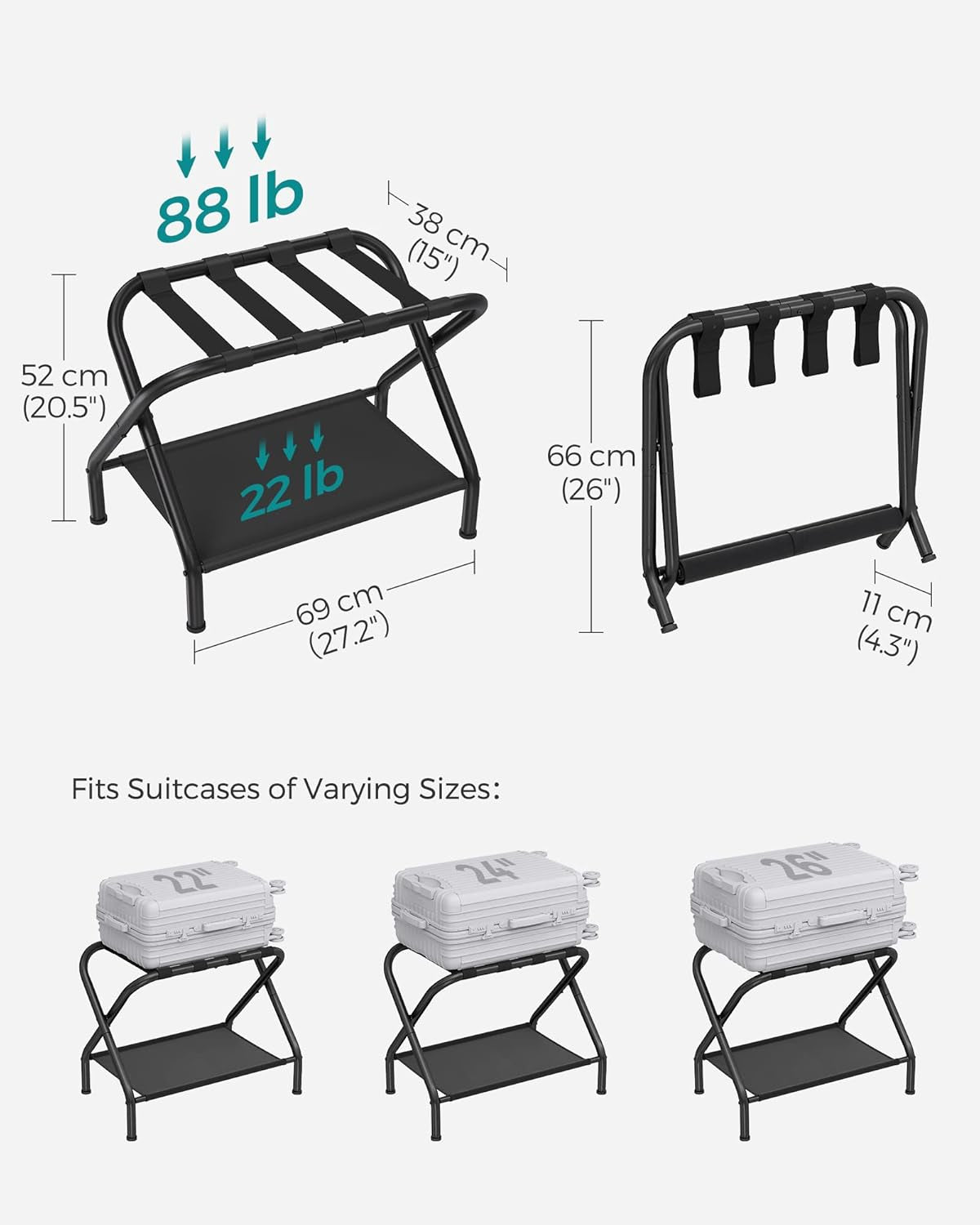 Luggage Racks, Set of 2, Suitcase Stand with Fabric Storage Shelf, for Guest Room, Bedroom, Hotel, Foldable Steel Frame, Holds up to 110 Lb, 27.2 X 15 X 20.5 Inches, Black URLR002B02
