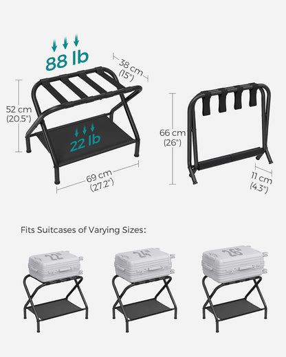 Luggage Racks, Set of 2, Suitcase Stand with Fabric Storage Shelf, for Guest Room, Bedroom, Hotel, Foldable Steel Frame, Holds up to 110 Lb, 27.2 X 15 X 20.5 Inches, Black URLR002B02