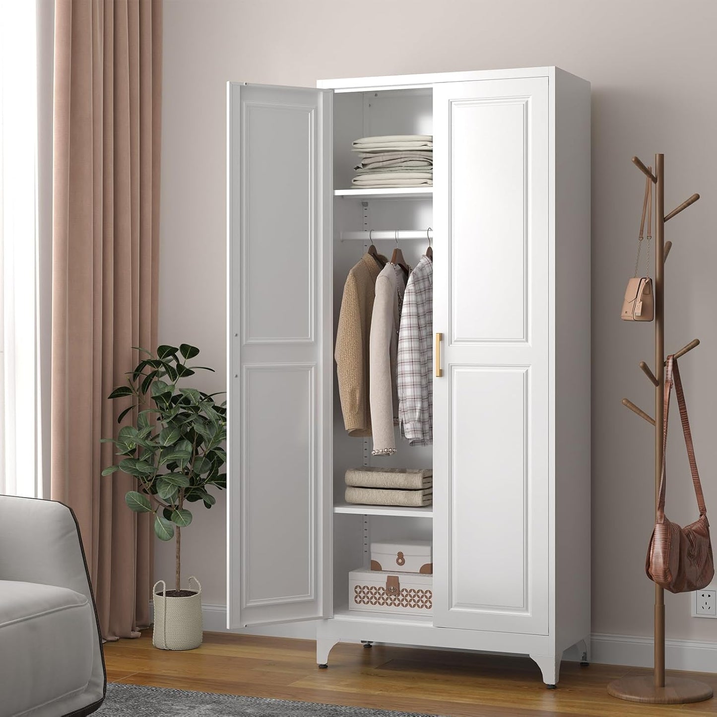 Metal Wardrobe Cabinet with Hanging Rod, 71" Tall Armoire Wardrobe Closet with 2 Doors and Adjustable Shelves, White Clothing Storage Cabinets for Bedroom, Laundry Room, Cloak Room
