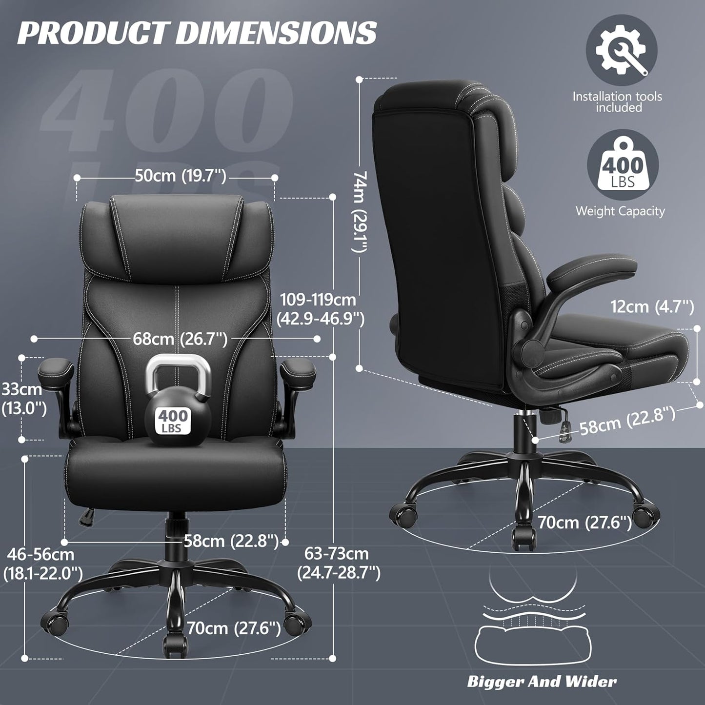 Office Chair, Ergonomic Big and Tall Computer Desk Chairs, Executive Breathable Leather Chair with Adjustable Flip-Up Armrests, Lumbar Support Swivel PC Chair with Rocking Function