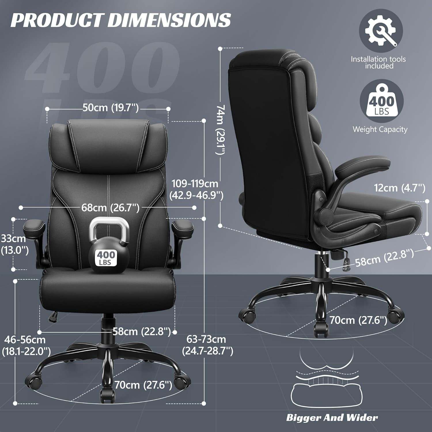 Office Chair, Ergonomic Big and Tall Computer Desk Chairs, Executive Breathable Leather Chair with Adjustable Flip-Up Armrests, Lumbar Support Swivel PC Chair with Rocking Function
