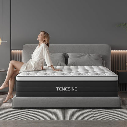 King Size Mattress, 14 Inch Hybrid Mattress in a Box with Individual Pocket Spring, Gel Memory Foam and Euro Top, Medium Firm Feel with Motion Isolation, Pressure Relief, Edge Support,Black
