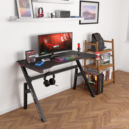 | 47" Gaming Desk | Red | Carbon Fiber Textured Computer Desk | Sturdy Steel Frame, Cup Holder, Headphone Hook, Cable Management Holes, Adjustable Leg Pads | for Gamers, Home, Office