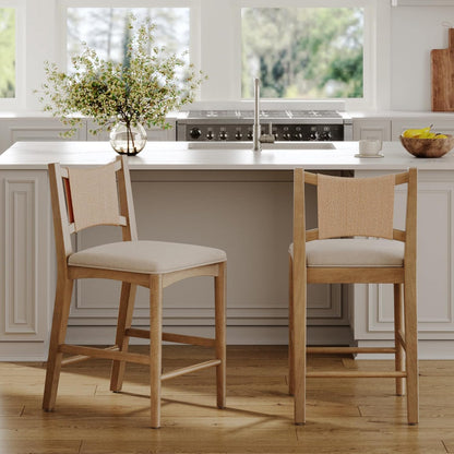Elodia Boho Counter Height Bar Stool with Back, Woven Seagrass Backrest and Solid Wood Frame, Light Brown