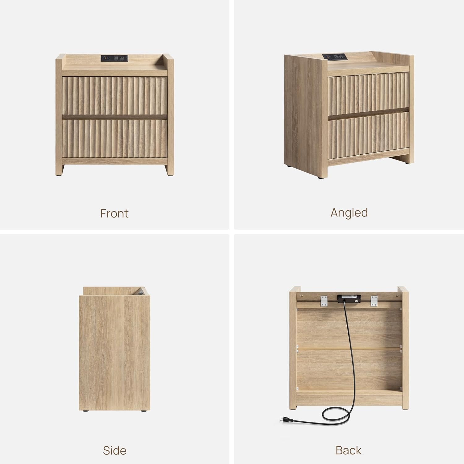 Fluted Night Stand Set 2 - Nightstands with Charger Station, Large Modern Bedside Table End Table with 2 Drawers, 25" Wide Farmhouse Nightstand for Bedroom (Light Oak, 2 Pieces)