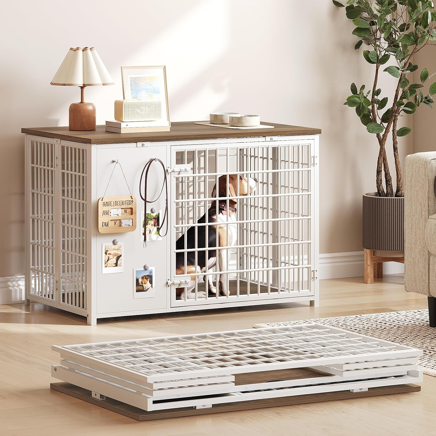 Foldable Dog Crate Furniture, Dog Crate with DIY Frame, Heavy Duty Dog Kennel Indoor with Hooks, Wooden Dog Cage End Table, for Small/Medium Dogs, White and Walnut DC95WH