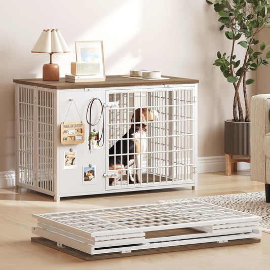 Foldable Dog Crate Furniture, Dog Crate with DIY Frame, Heavy Duty Dog Kennel Indoor with Hooks, Wooden Dog Cage End Table, for Small/Medium Dogs, White and Walnut DC95WH