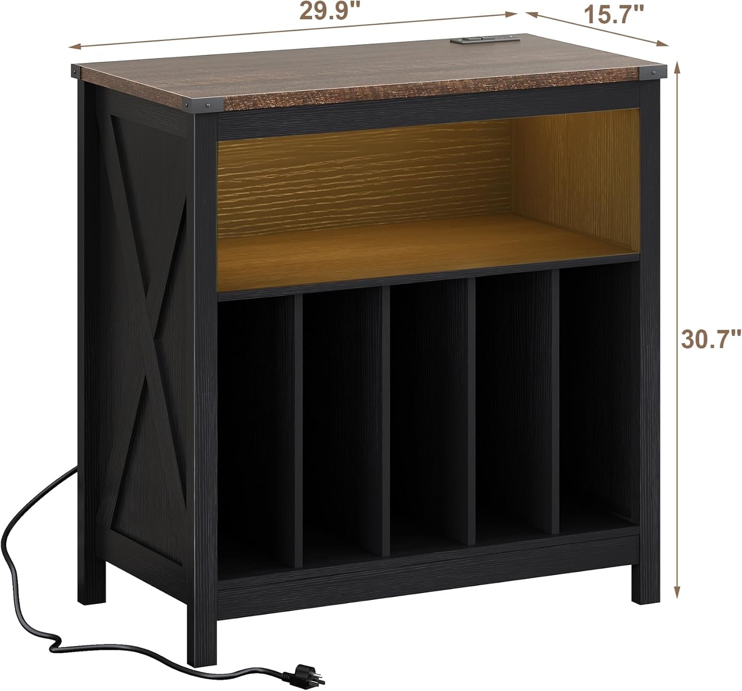 Large Record Player Stand with Charging Station & LED Light, Vinyl Record Holder Hold up to 300 Albums, Farmhouse End Table for Bedroom, Living Room, Black