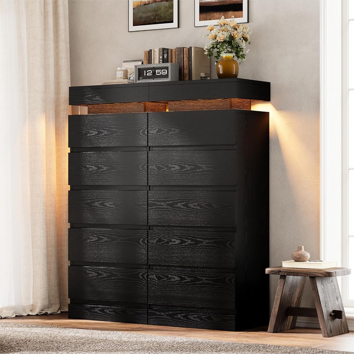 54" Tall 5 Drawer Dresser for Bedroom, Black Dresser with LED Light and Power Outlet, Wood Modern Chest of Drawers for Living Room, Entryway, Hallway