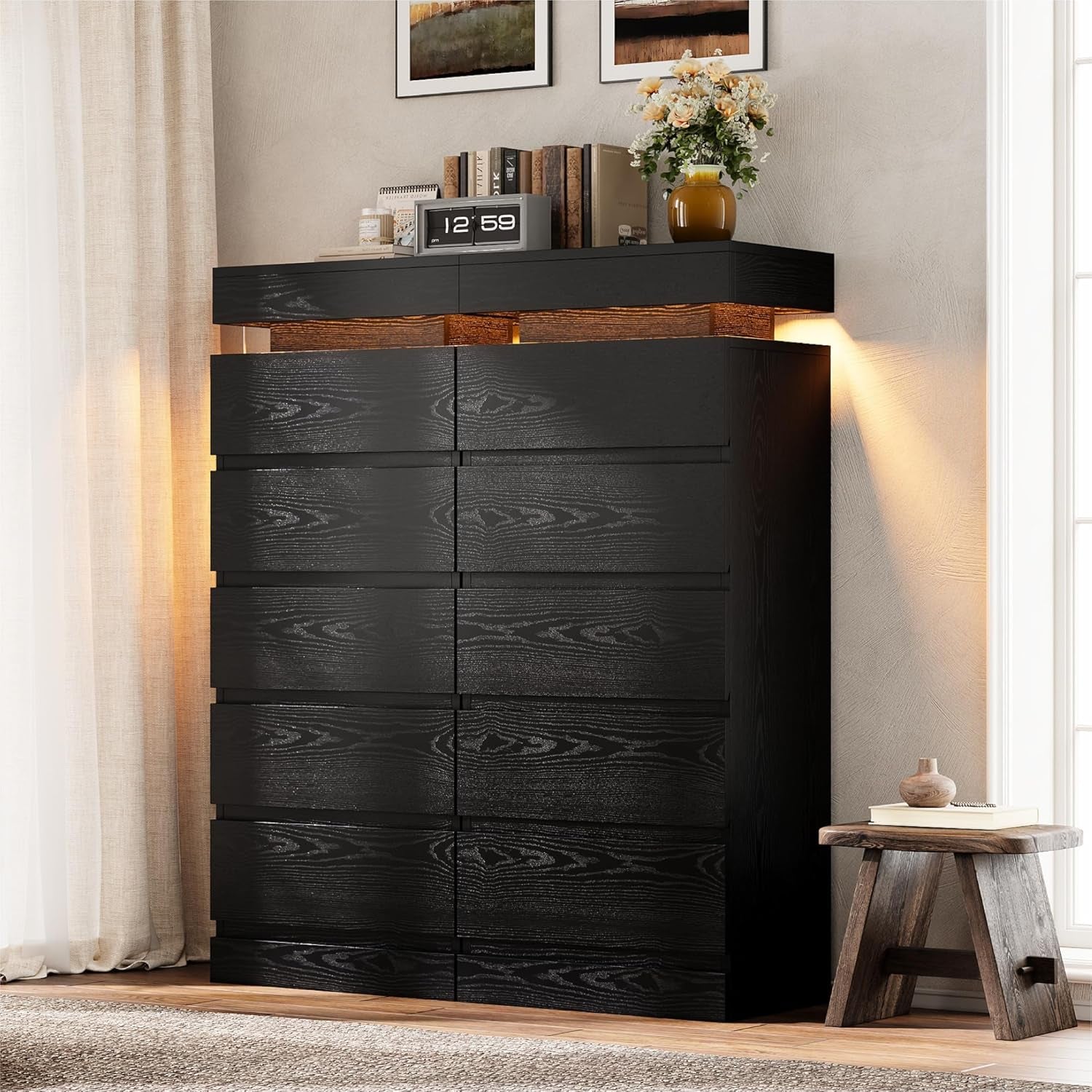 54" Tall 5 Drawer Dresser for Bedroom, Black Dresser with LED Light and Power Outlet, Wood Modern Chest of Drawers for Living Room, Entryway, Hallway