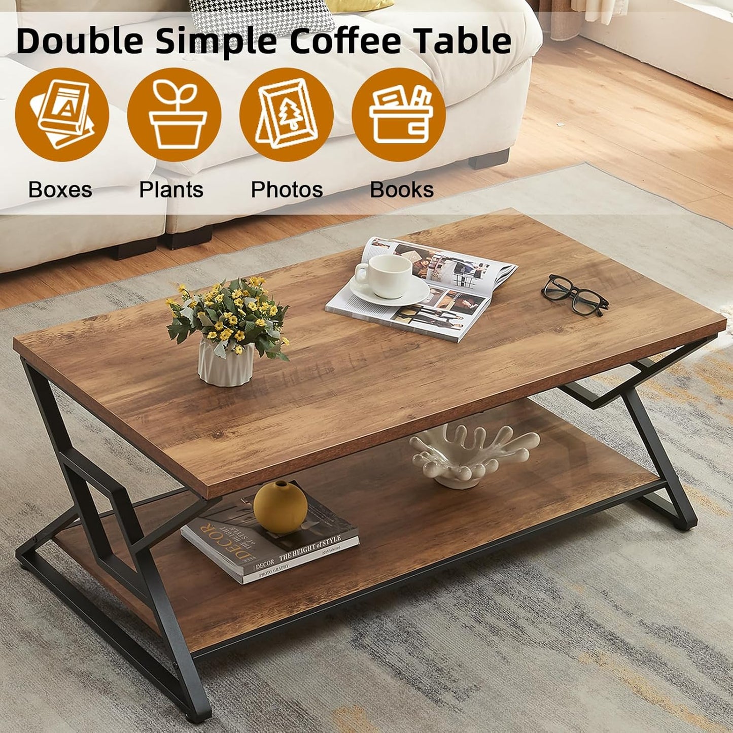 Coffee Table, Rustic Rectangle Coffee Table with 2-Tier Storage, Engineered Wood Center Table with Open Shelves, Minimalist Coffee Table for Living Room, 47 Inch, Oak Brown