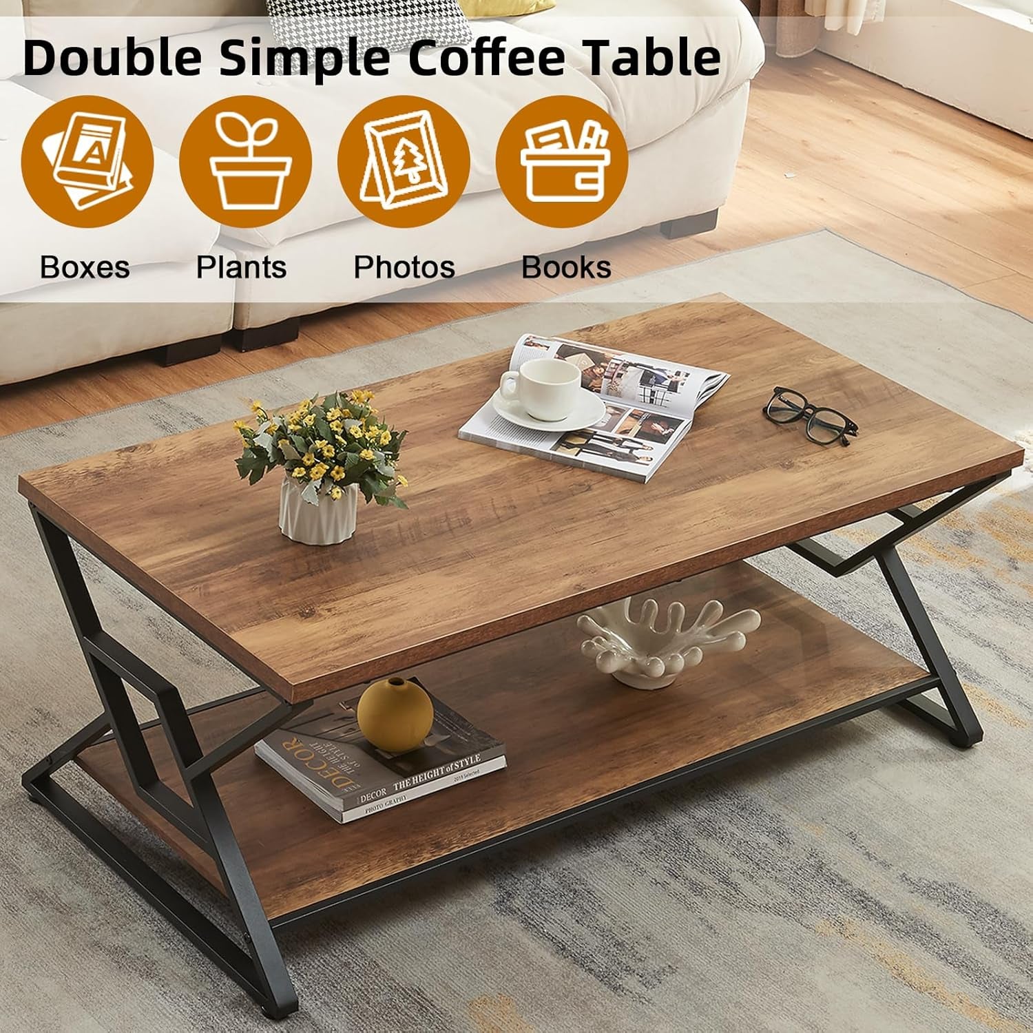 Coffee Table, Rustic Rectangle Coffee Table with 2-Tier Storage, Engineered Wood Center Table with Open Shelves, Minimalist Coffee Table for Living Room, 47 Inch, Oak Brown