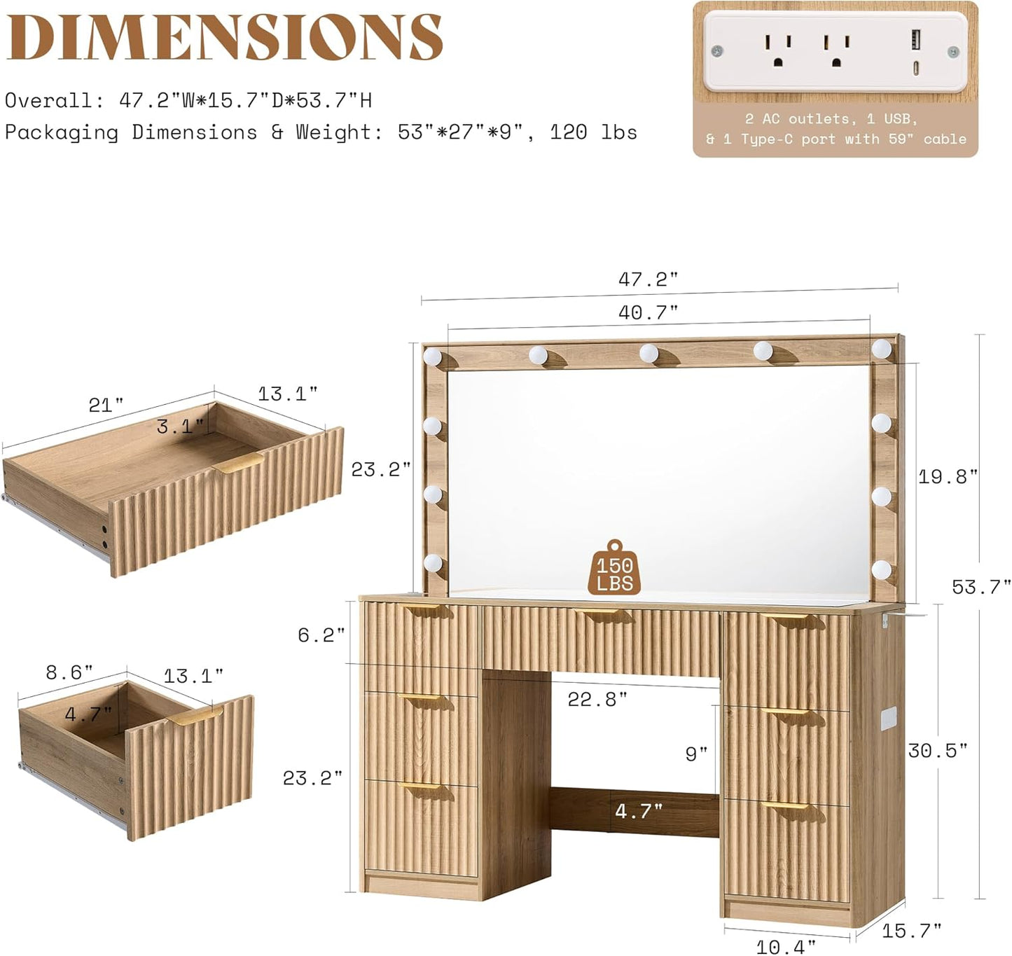 47.2" Fluted Vanity Desk with Large Mirror and Adjustable LED Lights, 7 Drawers Makeup Table with Glass Top and Charging Station for Women and Girls, Bedroom or Dorm, Oak