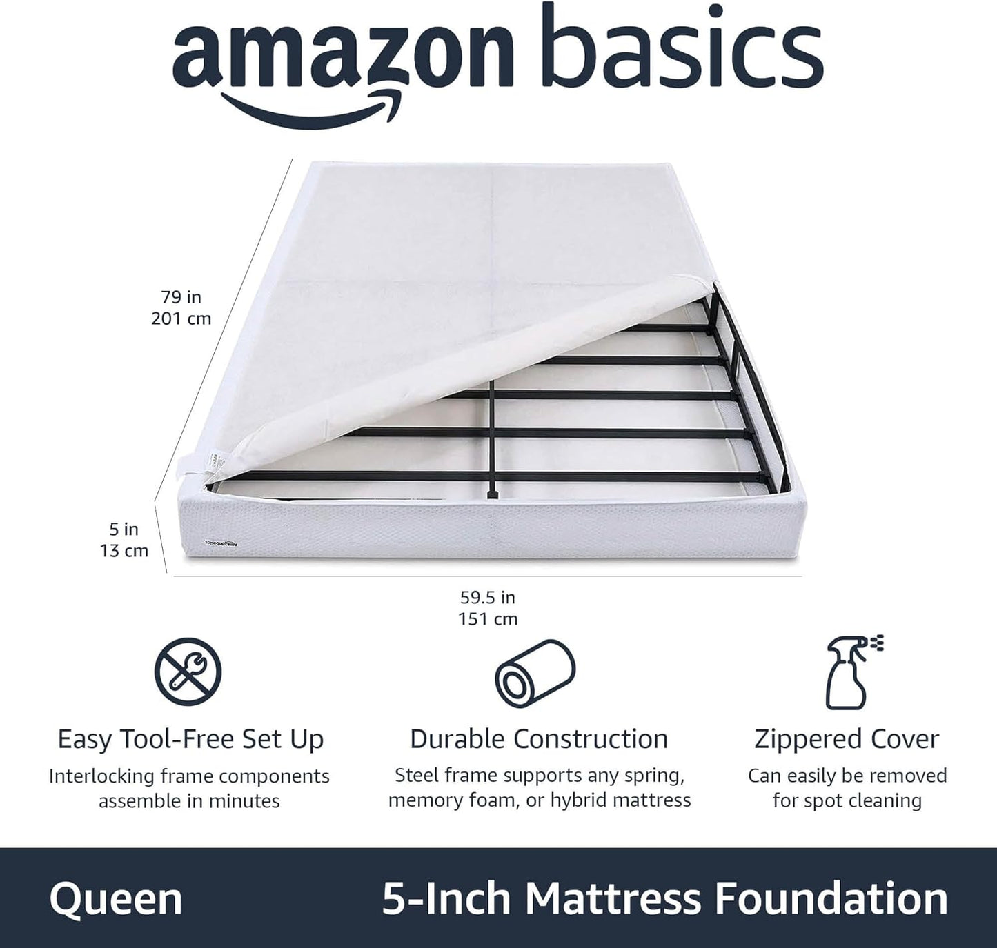 Smart Box Spring Bed Base, 5-Inch Height Mattress Foundation, Tool-Free Easy Assembly, Queen, 79"L X 59.5"W X 5"H, White