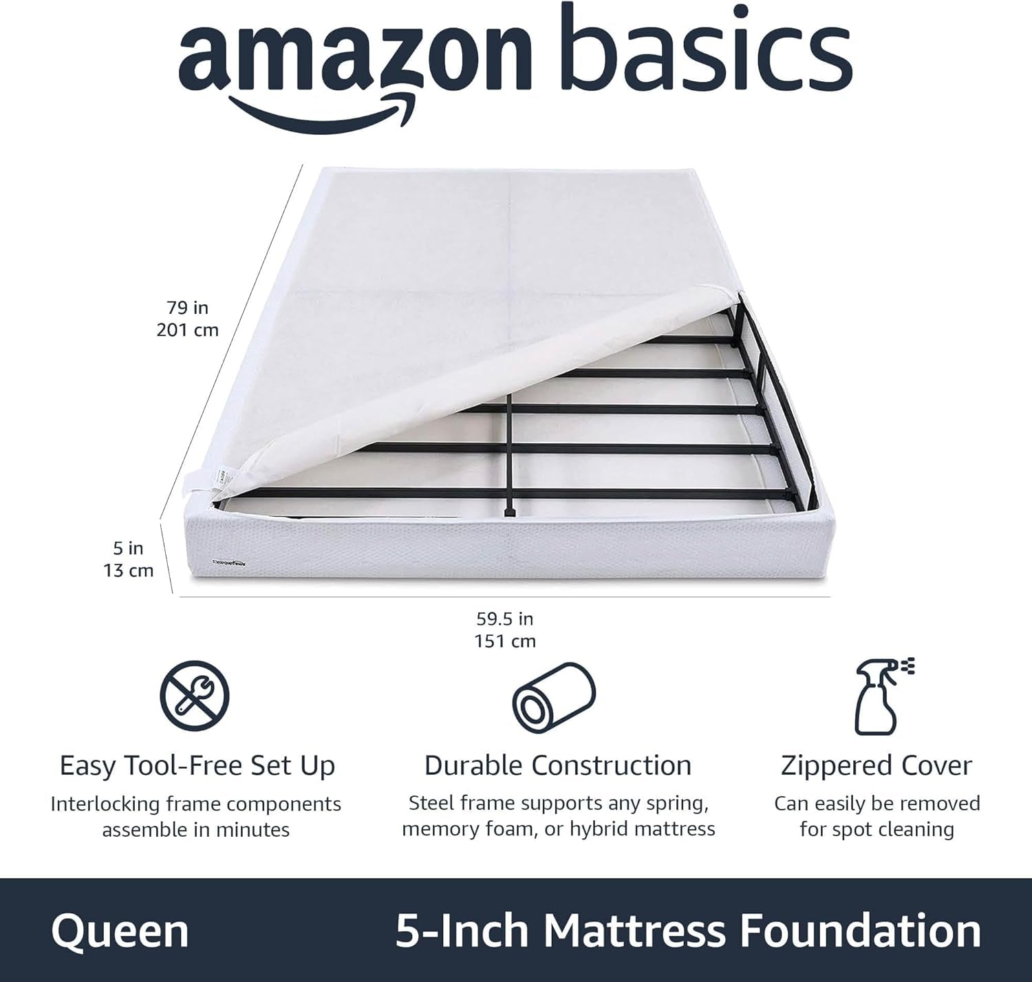Smart Box Spring Bed Base, 5-Inch Height Mattress Foundation, Tool-Free Easy Assembly, Queen, 79"L X 59.5"W X 5"H, White