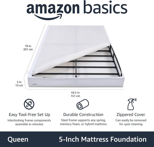 Smart Box Spring Bed Base, 5-Inch Height Mattress Foundation, Tool-Free Easy Assembly, Queen, 79"L X 59.5"W X 5"H, White