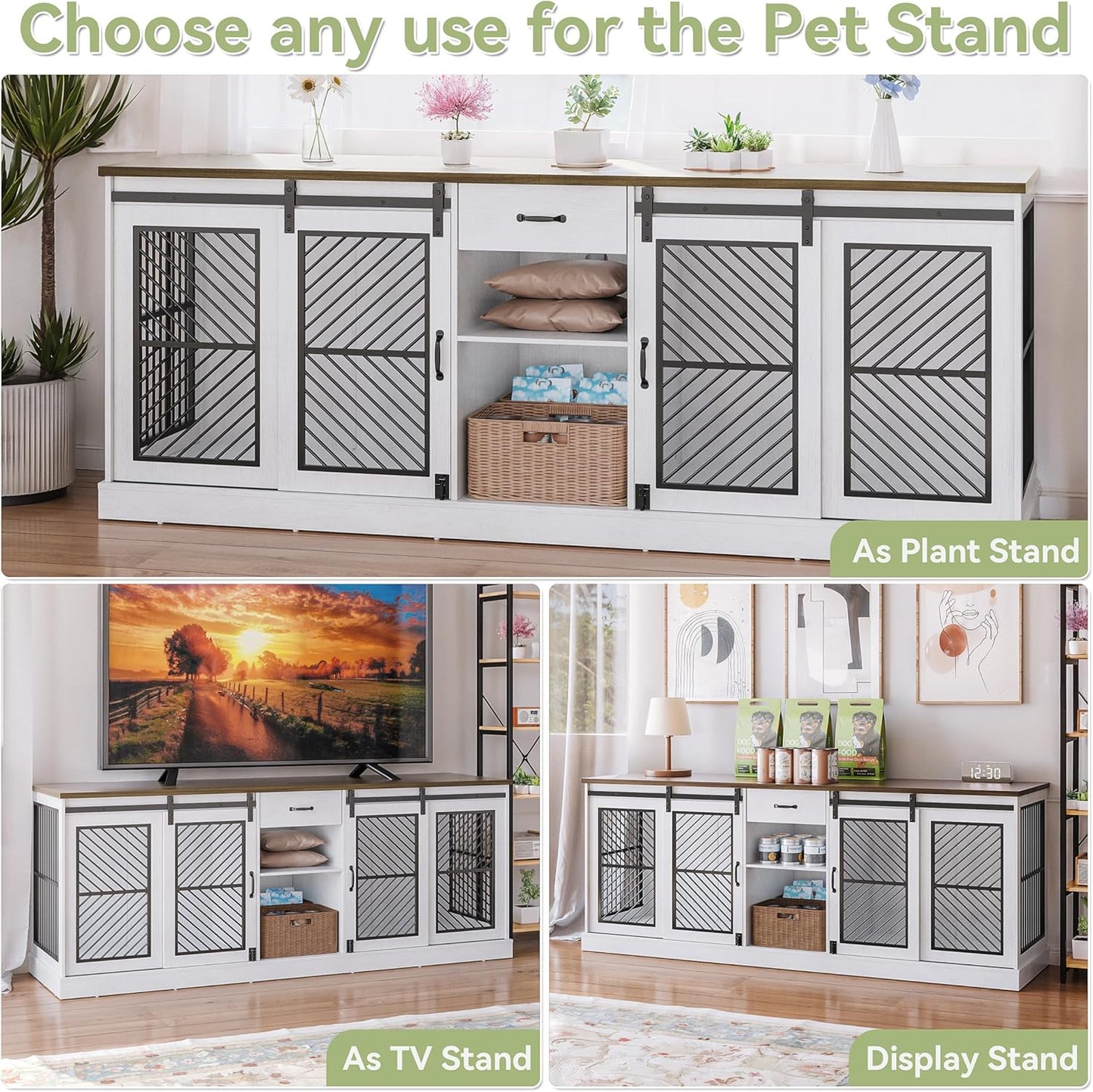 Large Pet Crate Furniture-Style Dog Cage for 2 Pets, Wooden TV Stand with Divider & Drawer Storage, Modern Design Kennel Indoor, 86.6" L X 23.6" W X 33.5" H