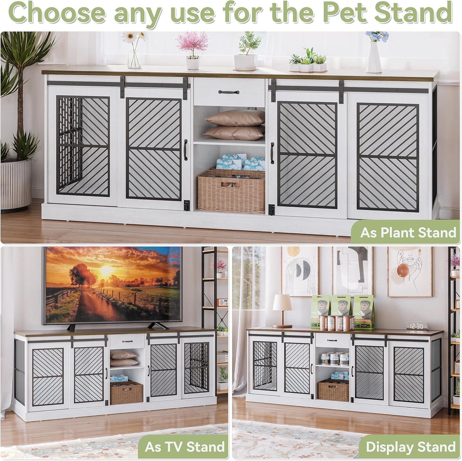 Large Pet Crate Furniture-Style Dog Cage for 2 Pets, Wooden TV Stand with Divider & Drawer Storage, Modern Design Kennel Indoor, 86.6" L X 23.6" W X 33.5" H