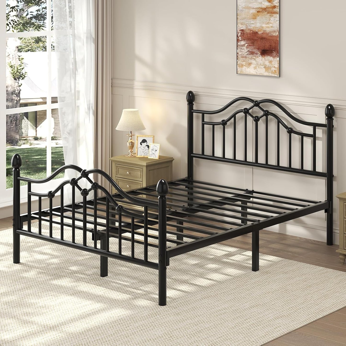 Queen Metal Bed Frame with Headboard and Footboard, Modern Iron Platform Bed Frame Support up to 1200LBS, under Bed Storage, No Box Spring Needed, Easy Assembly, Black