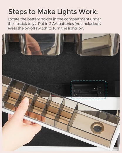 Mirror Jewelry Cabinet Armoire Organizer, Wall or Door Mount Storage Cabinet with Full-Length Frameless Lighted Mirror, Built-In Makeup Mirror, 2 Drawers, Lockable, White UJJC013W01
