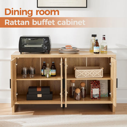 Rattan Buffet Cabinet with Storage, Sideboard Cabinet with Doors and Adjustable Shelves, Farmhouse Coffee Bar Station Table, Modern Wood Cupboard for Kitchen, Livingroom and Dining Room