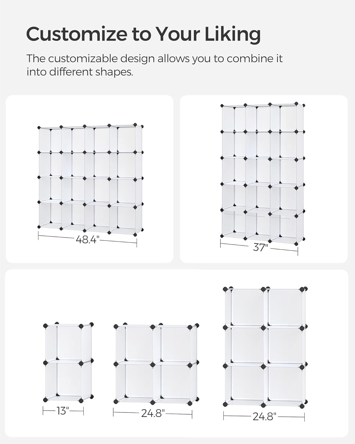 Cube Storage Organizer, Set of 16 Plastic Cubes, Book Shelf, Closet Organizers and Storage, Room Organization, Bedroom Living Room, 12.2 X 48.4 X 48.4 Inches, White ULPC44L