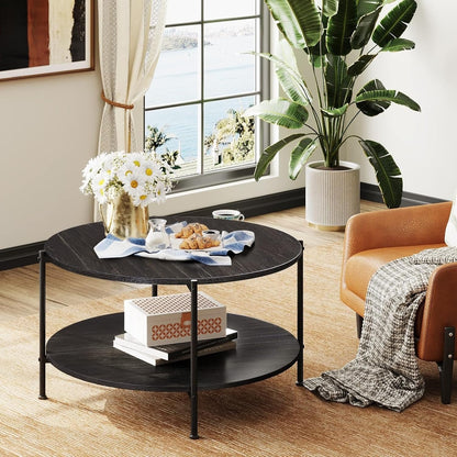 round Coffee Table for Living Room, 32.6" Small Coffee Table with Open Storage Shelf, 2-Tier Industrial Circle Wood Center Table for Bedroom, Home Office, Charcoal Black