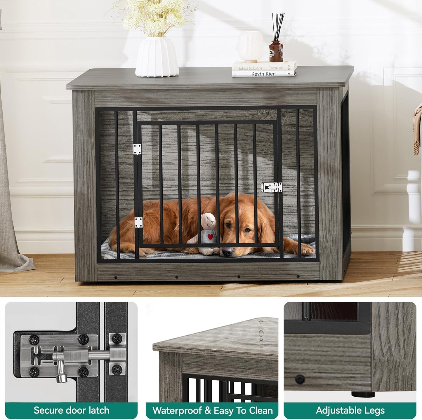 43.7" L Dog Crate Furniture for Large Dogs, 2-In-1 Iron-Wood Fusion Dog Cage Indoor up to 80 Lb, Modern Dogs Kennel Side End Table with Waterproof Top, Safety Corners, Steel Lock, Greige