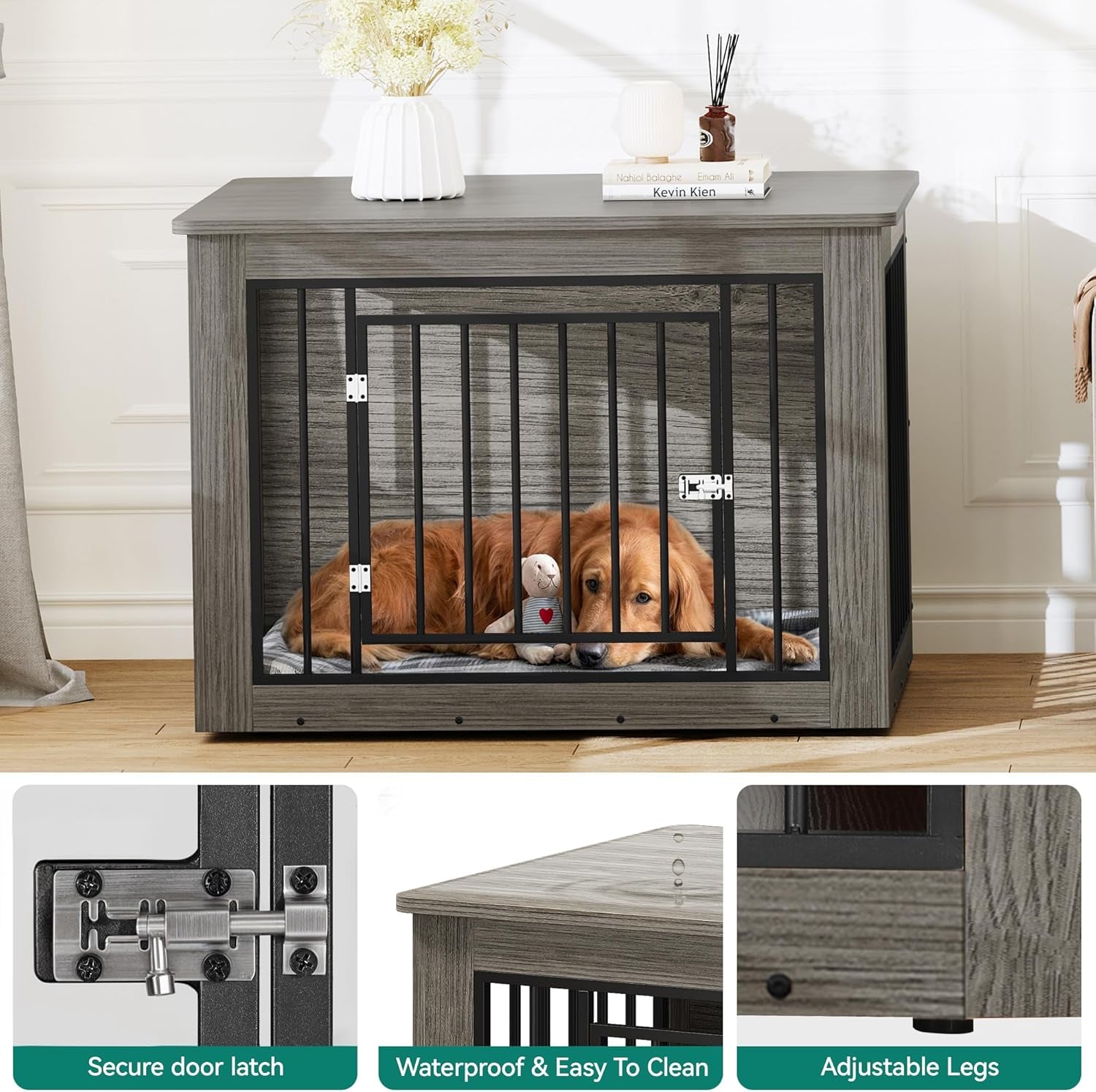 32.5" L Dog Crate Furniture for Medium Dogs, 2-In-1 Iron-Wood Fusion Dog Cage Indoor up to 40 Lb, Side End Table, Modern Dogs Kennel with Waterproof Top, Safety Corners,Steel Lock,Grey