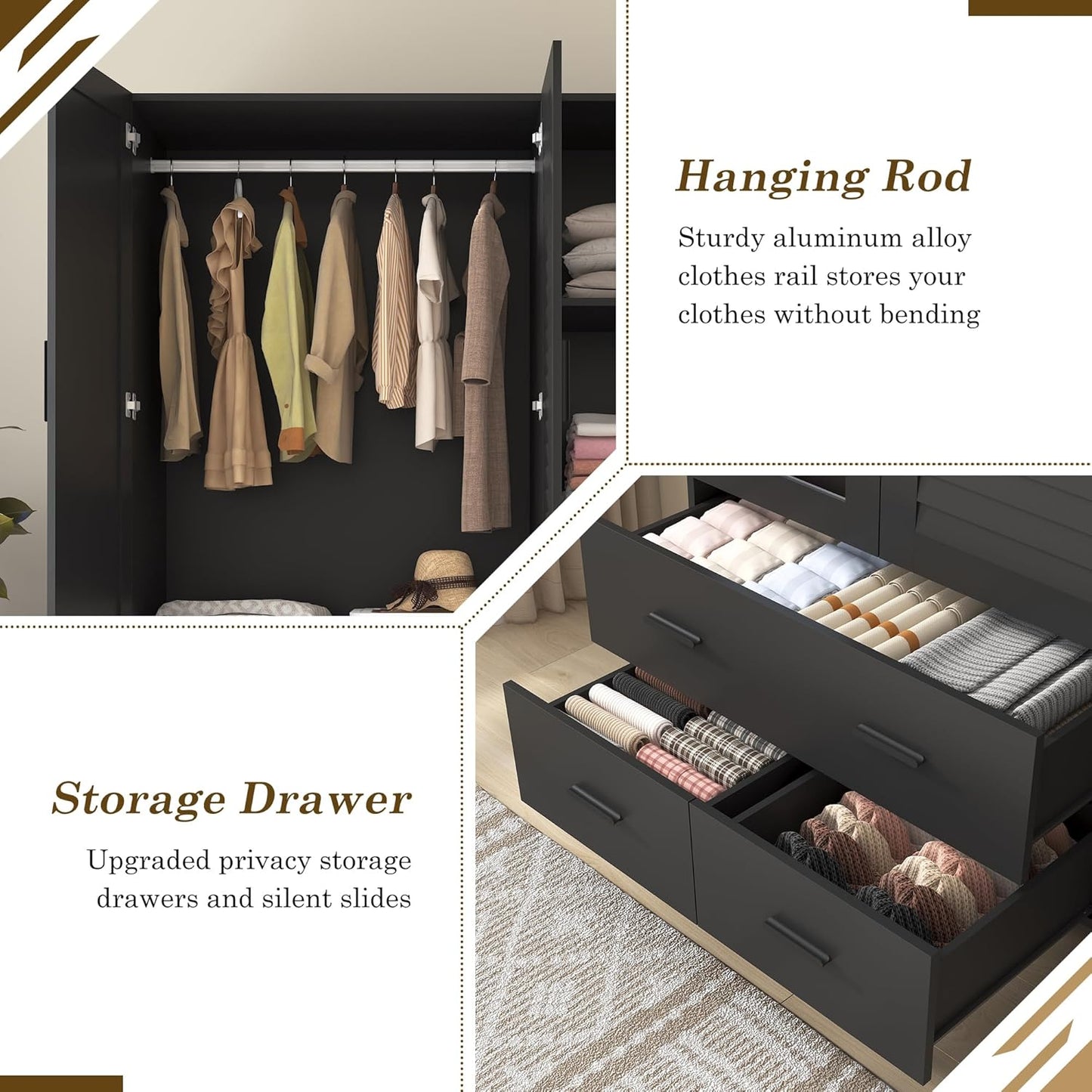 3 Door Armoire Wardrobe Closet Cabinet with Drawers and LED Lights, Multi-Tier Shelves, Hanging Rod & 3 Louver Doors, Large Capacity Storage Wardrobe Armoire for Bedroom(3 Doors Black)