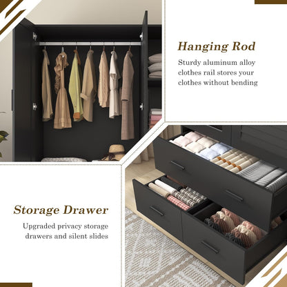 3 Door Armoire Wardrobe Closet Cabinet with Drawers and LED Lights, Multi-Tier Shelves, Hanging Rod & 3 Louver Doors, Large Capacity Storage Wardrobe Armoire for Bedroom(3 Doors Black)