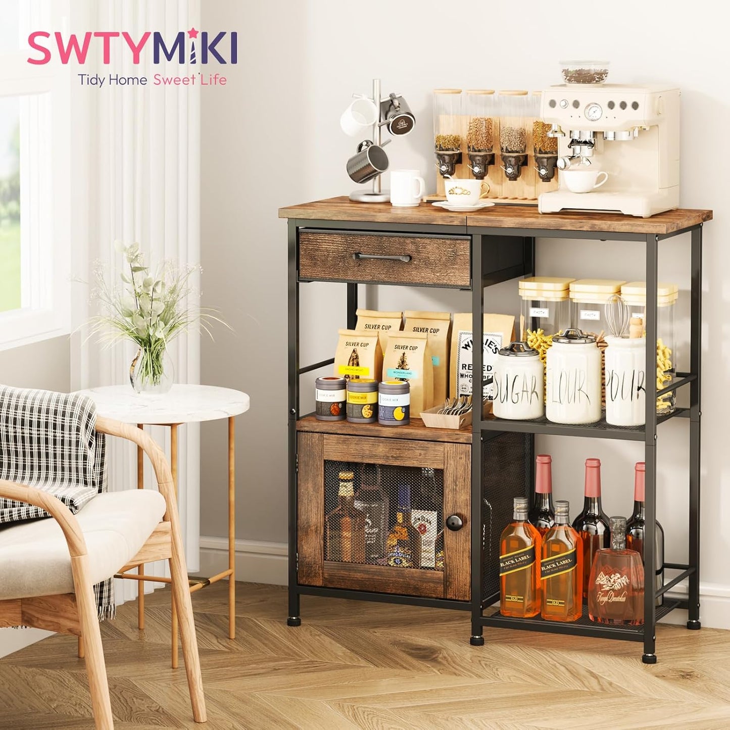 Coffee Bar Cabinet for Home - Farmhouse Coffee Stand Station Multi-Purpose Buffet Sideboard Cabinet with Drawers - Kitchen Bar Table for Living Room, Corner, Small Space, Espresso