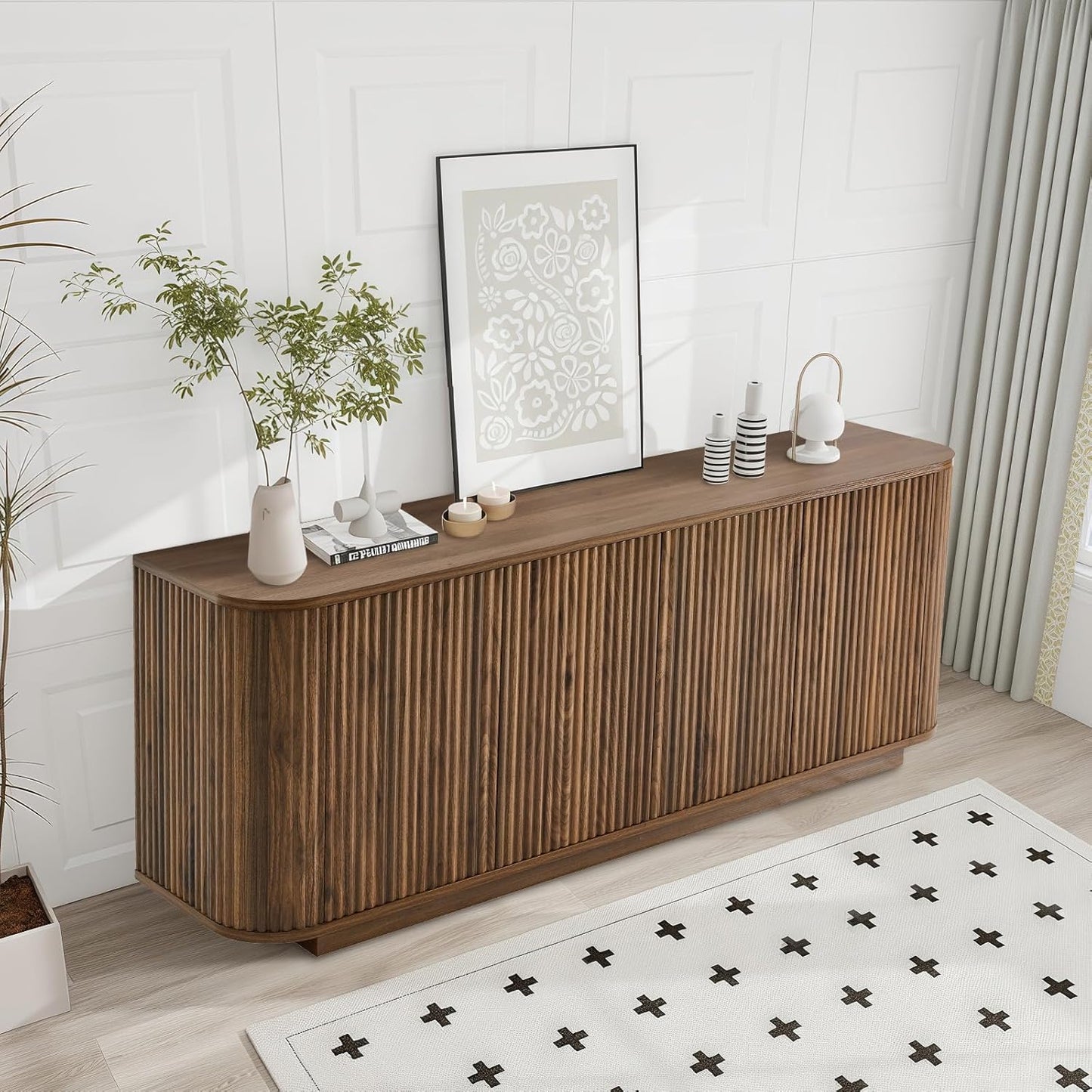 64" Buffet Sideboard Cabinet with Storage, Modern Fluted Accent Credenza with Adjustable Shelves, Wood Coffee Bar Console Table for Living Room Kitchen Dining Room Hallway, 24" H, Walnut