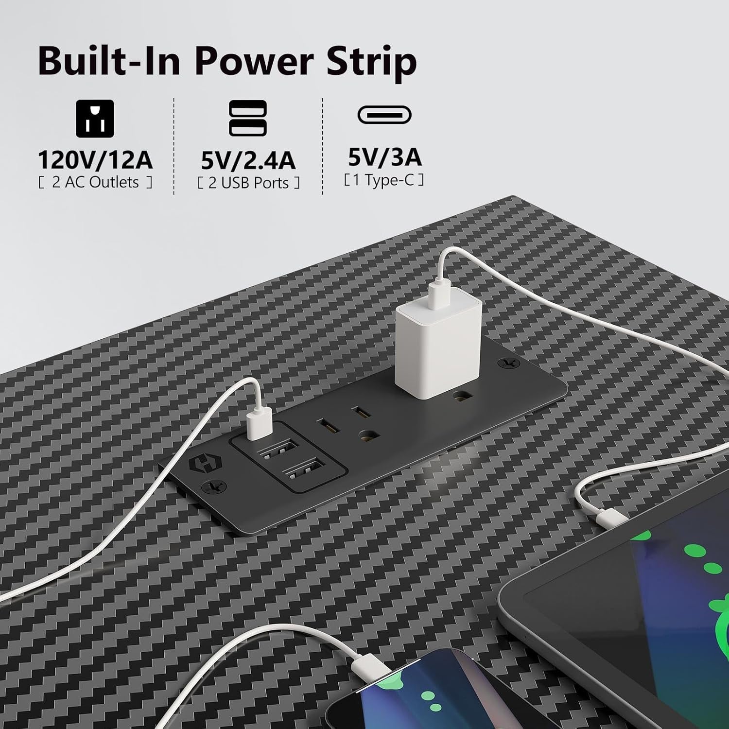 Gaming Desk 60 INCH, T- Shaped Carbon Fiber Surface Computer Desk with Full Mouse Pad, Ergonomic E-Sport Style Gamer Desk with Double Headphone Hook, USB Gaming Rack, Cup Holder