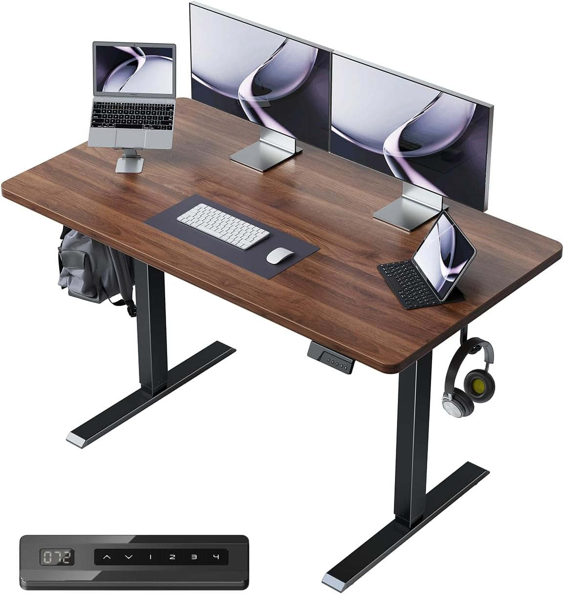 40 X 24 Small One-Piece Standing Desk, Adjustable Height Electric Computer Home Office Sit Stand up Workstation, with 4 Memory Presets, Headphone Hook, Black Walnut