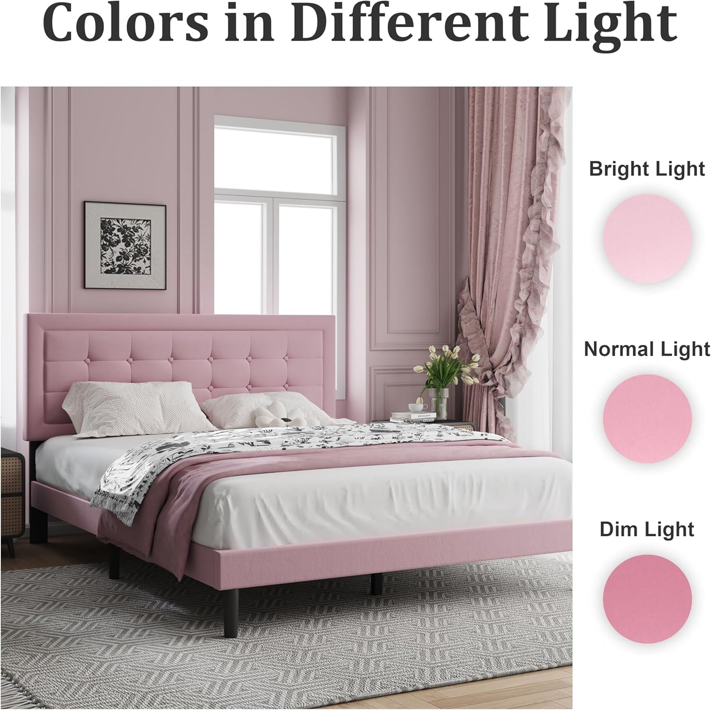 Full Size Upholstered Platform Bed, Full Size Frame with Tufted Button Headboard, Sturdy Frame Wooden Slats, No Innerspring Mattress Required, Noiseless, Easy to Assemble, Pink