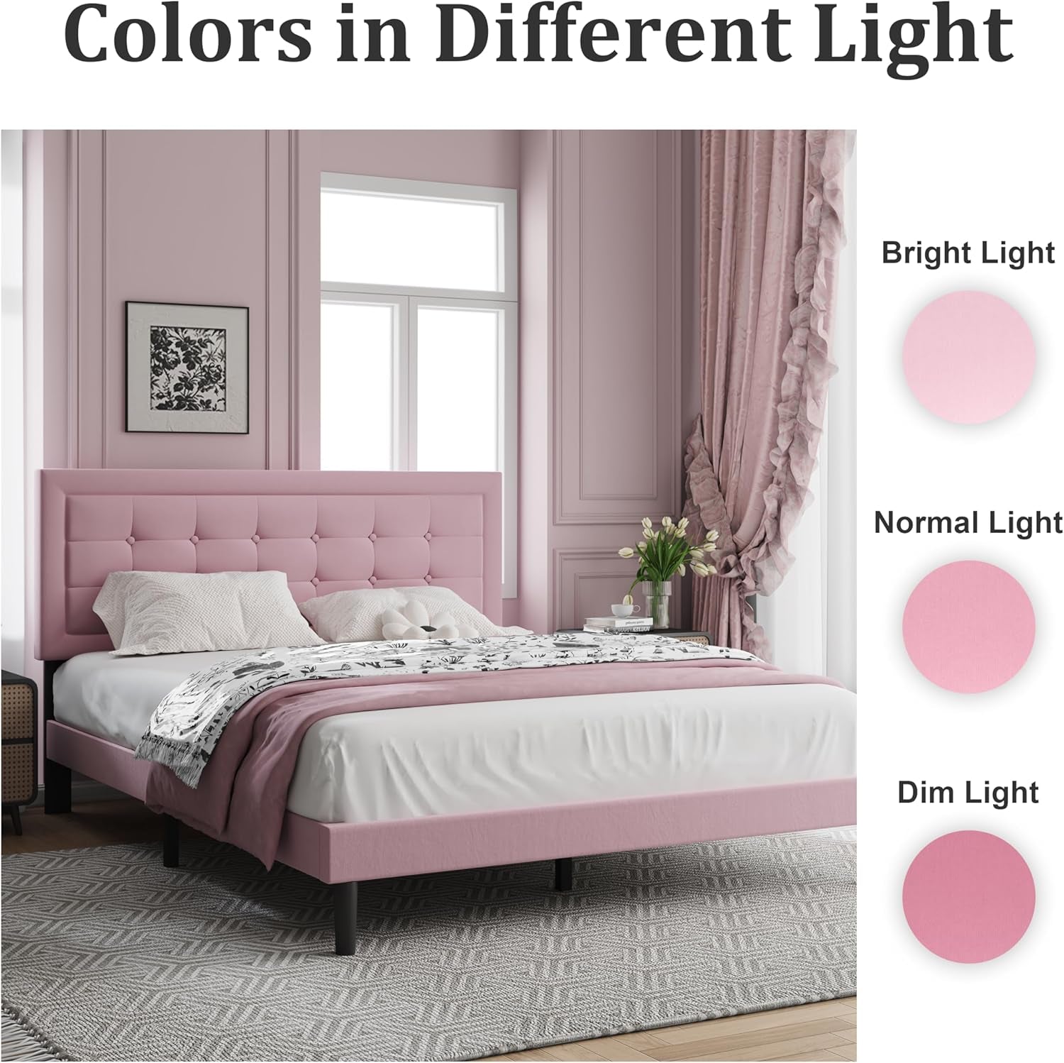 Full Size Upholstered Platform Bed, Full Size Frame with Tufted Button Headboard, Sturdy Frame Wooden Slats, No Innerspring Mattress Required, Noiseless, Easy to Assemble, Pink