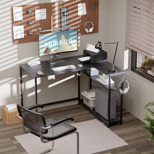 43 Inch L Shaped Computer Desk with Reversible Side Storage Shelves, Small Corner Desk for Small Space Home Office,Writing Study Table Gaming PC Desk for Bedroom,Black