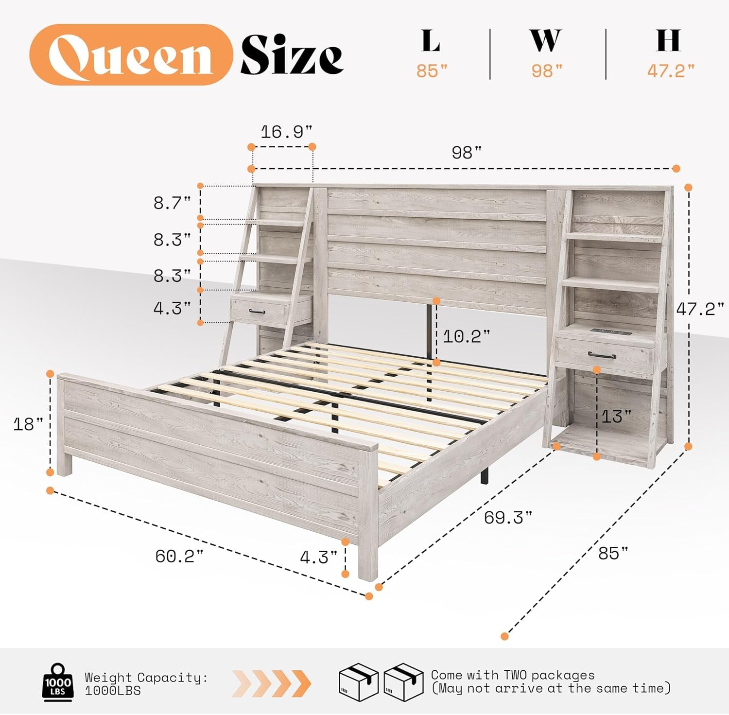 Queen Bed Frame with Bookcase Headboard & 4-Tier Bedside Shelf, Farmhouse Platform Bed with Charging Station and 2 Drawers, Noise-Free, No Box Spring Needed, Rustic White