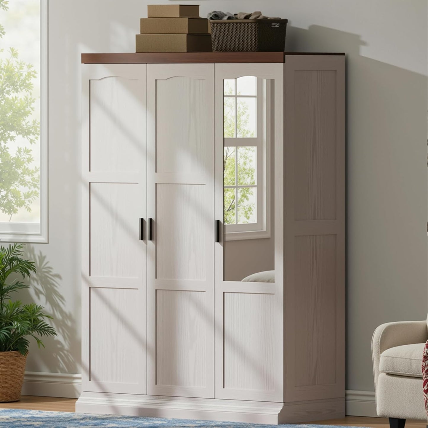 3 Door Armoire Wardrobe Closet with Mirror, Large Wardrobe Closet with Doors, White Armoire for Bedroom with Hanging Rods & Shelves for Long Clothing, Short Clothing and Stacking, Modern